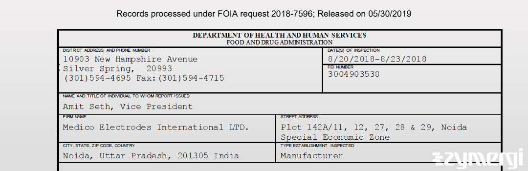 FDANews 483 Medico Electrodes International LTD. Aug 23 2018 top