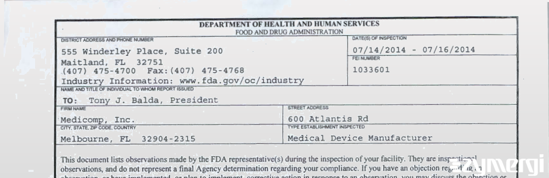 FDANews 483 Medicomp, Inc. Jul 16 2014 top