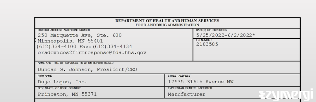 FDANews 483 Dujo Logos, Inc. Jun 2 2022 top