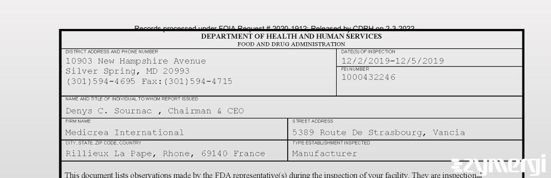 FDANews 483 Medicrea International Dec 5 2019 top