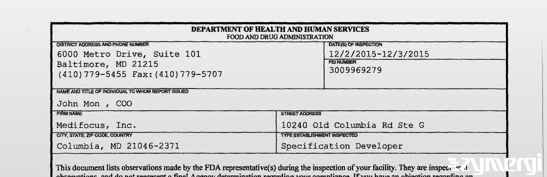 FDANews 483 Medifocus, Inc. Dec 3 2015 top