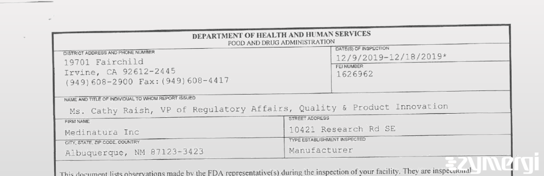 FDANews 483 Medinatura Inc Dec 18 2019 top