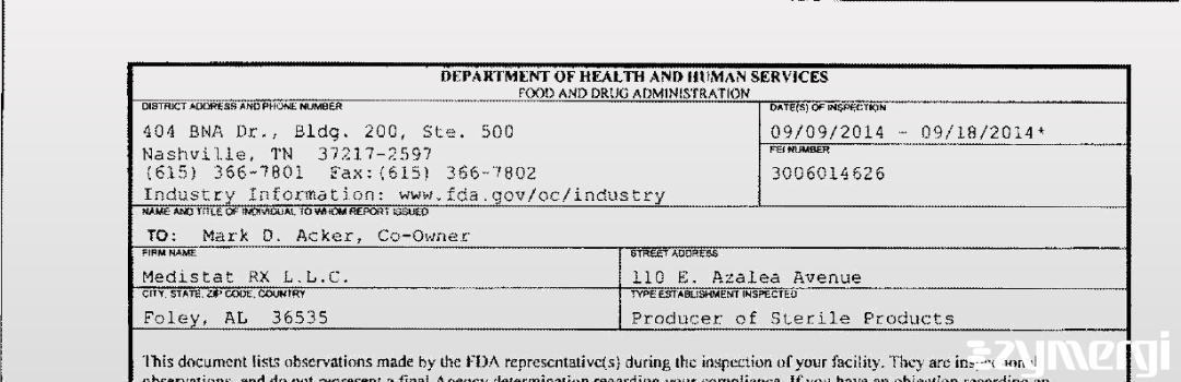 FDANews 483 Medistat RX L.L.C. Sep 18 2014 top