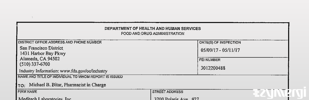 FDANews 483 Meditech Laboratories, Inc May 11 2017 top