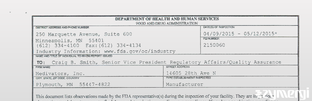 FDANews 483 Medivators, Inc. May 12 2015 top