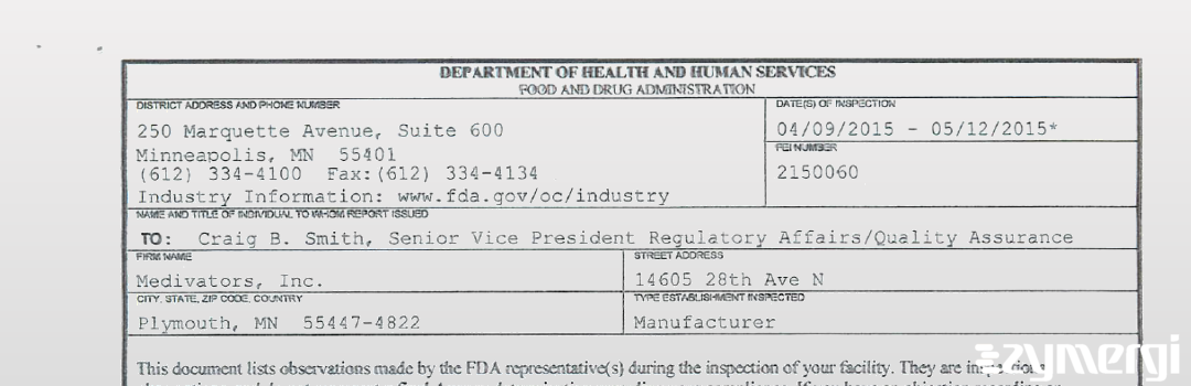 FDANews 483 Medivators, Inc. May 12 2015 top