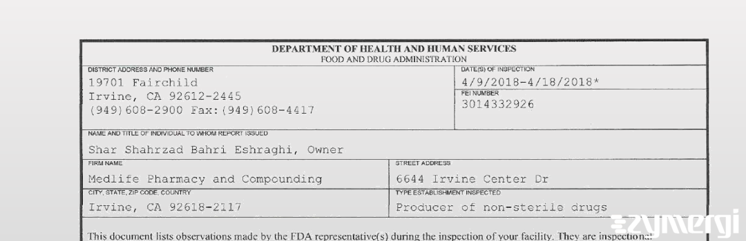 FDANews 483 Medlife Pharmacy and Compounding Apr 18 2018 top