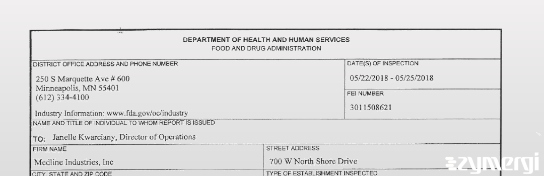 FDANews 483 Medline Industries Inc May 25 2018 top