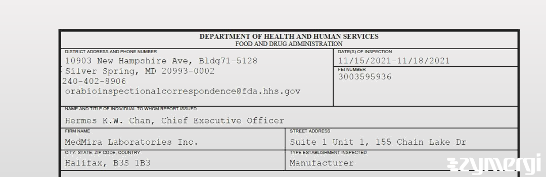 FDANews 483 MedMira Laboratories Inc. Nov 18 2021 top