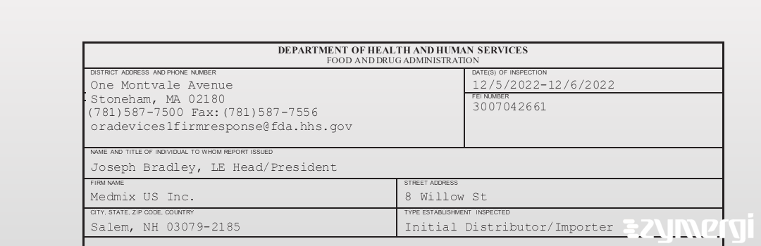 FDANews 483 Medmix US Inc. Dec 6 2022 top