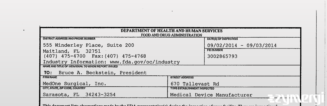 FDANews 483 MedOne Surgical, Inc. Sep 3 2014 top