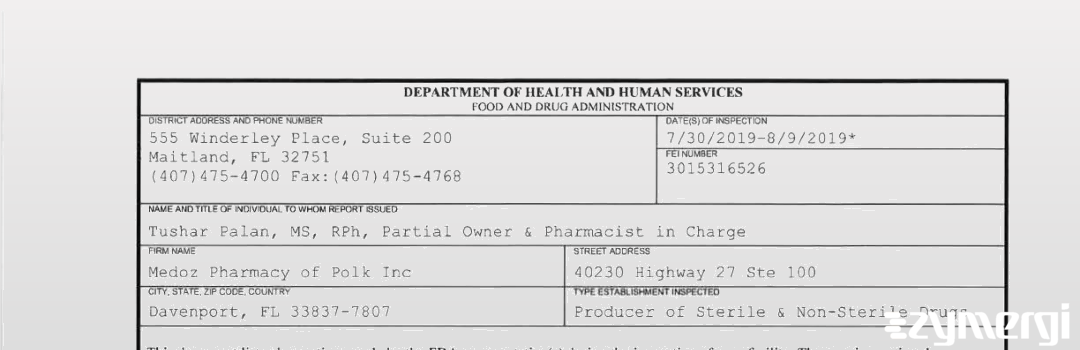 FDANews 483 Medoz Pharmacy of Polk Inc Aug 9 2019 top