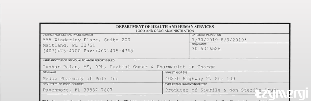 FDANews 483 Medoz Pharmacy of Polk Inc Aug 9 2019 top