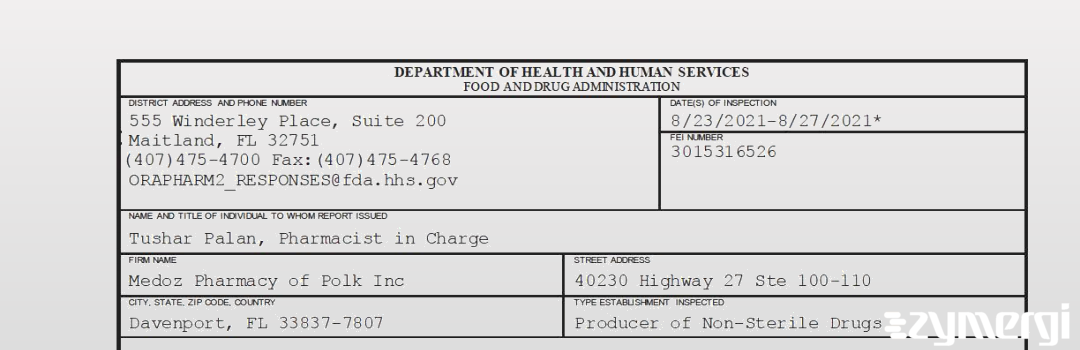 FDANews 483 Medoz Pharmacy of Polk Inc Aug 27 2021 top