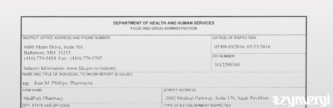 FDANews 483 MedPark Pharmacy May 23 2016 top