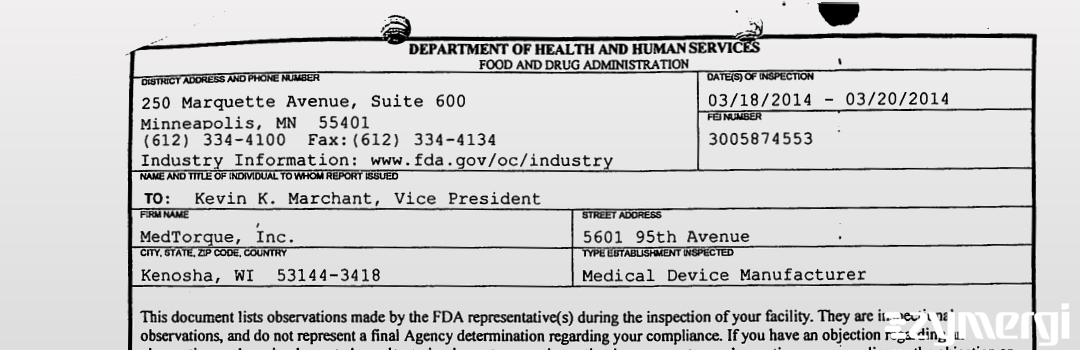 FDANews 483 MedTorque Inc. Mar 20 2014 top