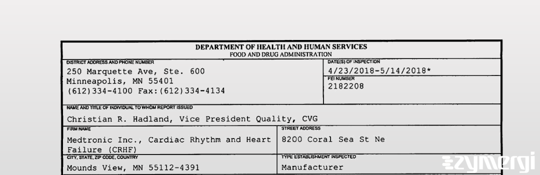 FDANews 483 Medtronic Inc., Cardiac Rhythm and Heart Failure (CRHF) May 14 2018 top