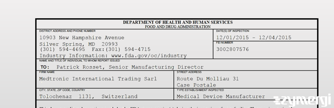 FDANews 483 Medtronic International Trading Sarl Dec 4 2015 top