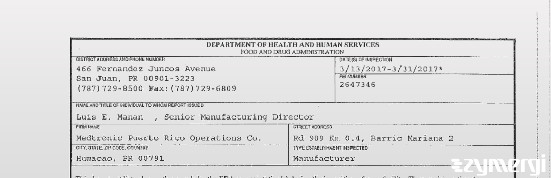 FDANews 483 Medtronic Puerto Rico Operations Co. Mar 31 2017 top