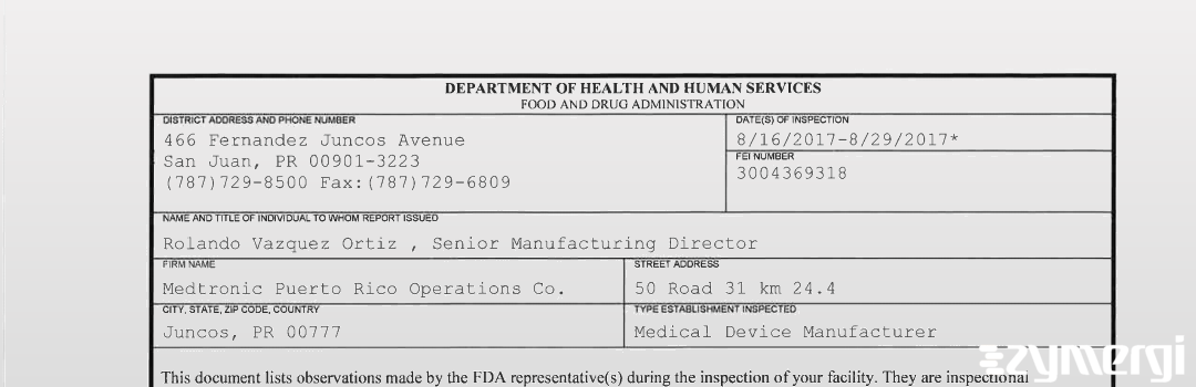 FDANews 483 Medtronic Puerto Rico Operations Co. Aug 29 2017 top