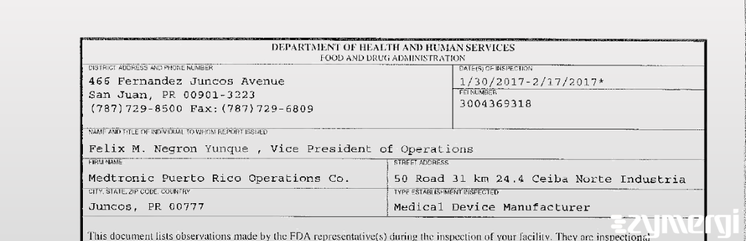 FDANews 483 Medtronic Puerto Rico Operations Co. Feb 17 2017 top