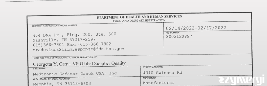 FDANews 483 Medtronic Sofamor Danek Usa, Inc Feb 17 2022 top