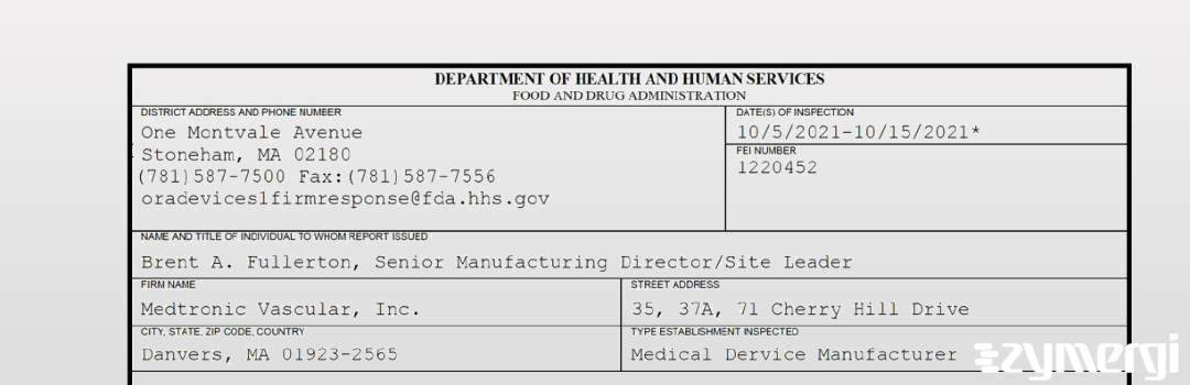FDANews 483 Medtronic Vascular, Inc. Oct 15 2021 top
