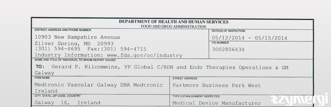 FDAzilla 483 Medtronic Vascular Galway DBA Medtronic Ireland May 15 2014 top