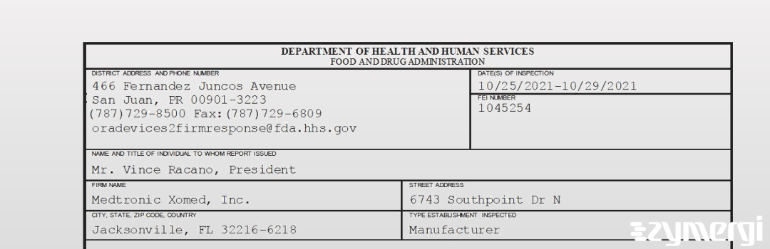 FDANews 483 Medtronic Xomed, Inc. Oct 29 2021 top