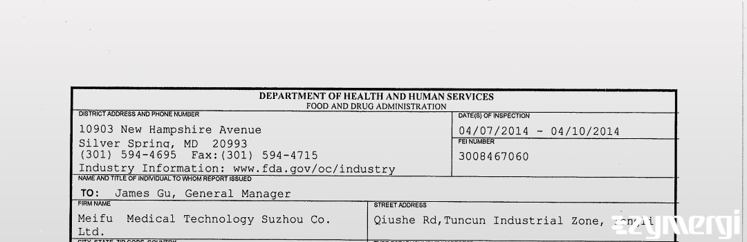 FDANews 483 Meifu  Medical Technology Suzhou Co. Ltd. Apr 10 2014 top