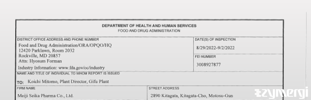 FDANews 483 Meiji Seika Pharma Co., Ltd. - Gifu Plant Sep 2 2022 top