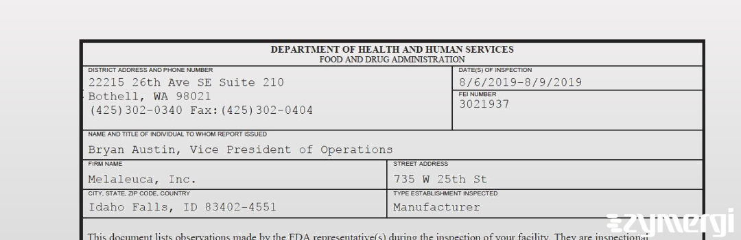 FDANews 483 Melaleuca Inc Aug 9 2019 top