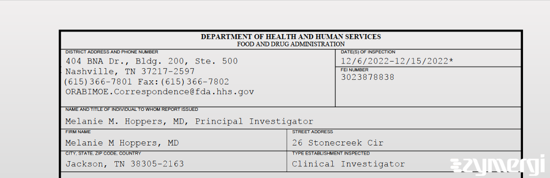 FDANews 483 Melanie M Hoppers, MD Dec 15 2022 top