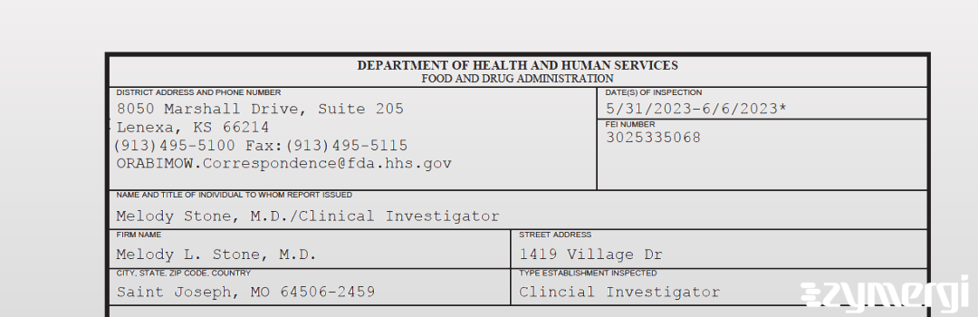 FDANews 483 Melody L. Stone, M.D. Jun 6 2023 top