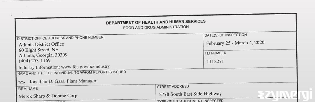 FDANews 483 Merck Sharp & Dohme Corp., a subsidiary of Merck & Co., Inc. Mar 4 2020 top