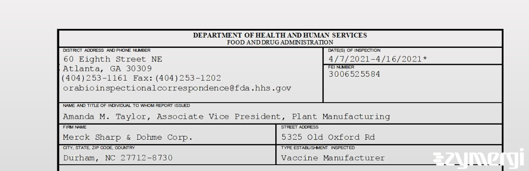 FDANews 483 Merck Sharp & Dohme Corp. Apr 16 2021 top