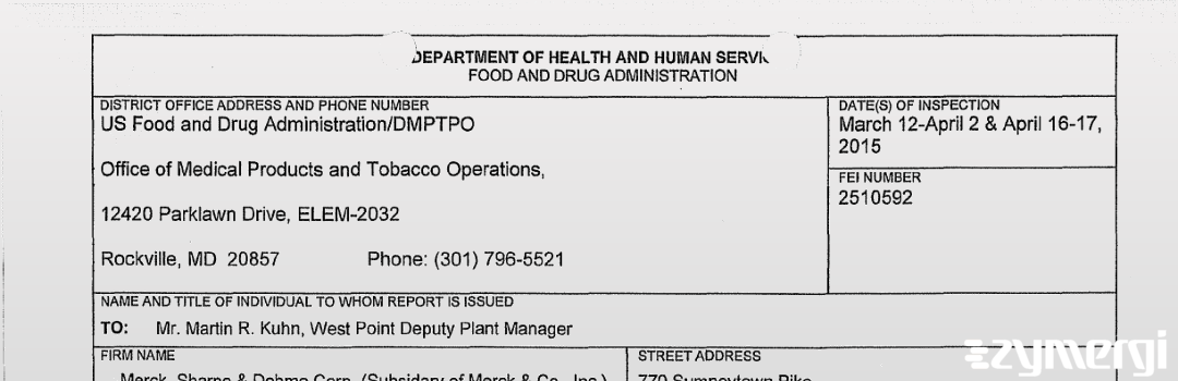 FDANews 483 Merck Sharpe & Dohme Corp Apr 17 2015 top