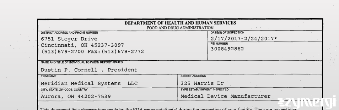 FDANews 483 Meridian Medical Systems  LLC Feb 24 2017 top