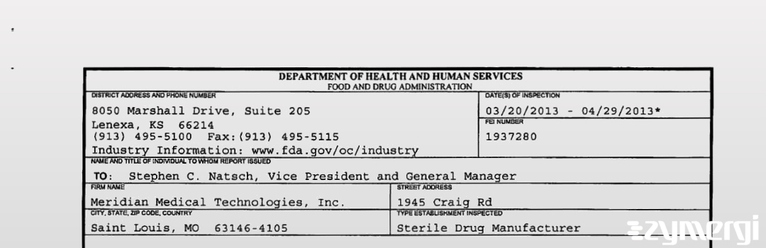 FDANews 483 Meridian Medical Technologies Inc., A Pfizer Company Apr 29 2013 top