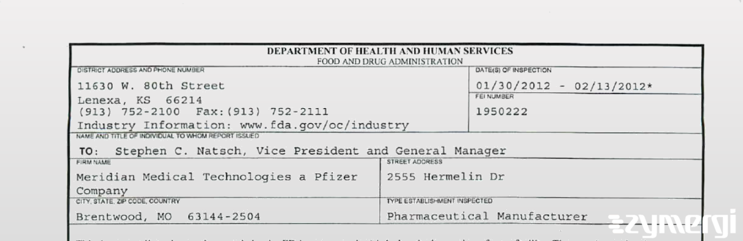 FDANews 483 Meridian Medical Technologies a Pfizer Company Feb 13 2012 top