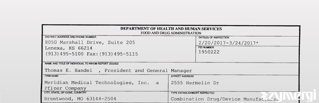 FDANews 483 Meridian Medical Technologies Inc., A Pfizer Company Mar 24 2017 top