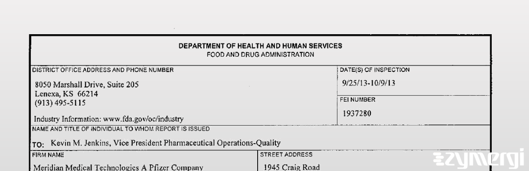 FDANews 483 Meridian Medical Technologies Inc., A Pfizer Company Oct 9 2013 top