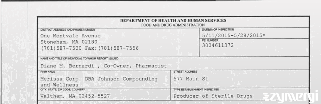 FDANews 483 Merissa corp. DBS Johnson Compounding and Wellness May 28 2015 top