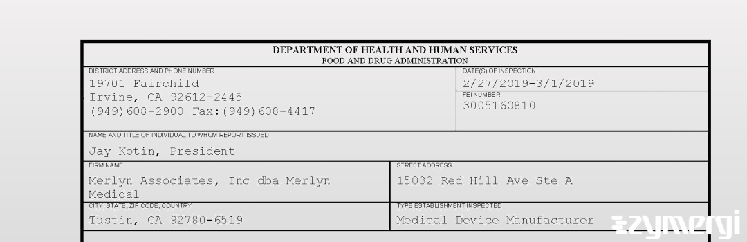 FDANews 483 Merlyn Associates, Inc dba Merlyn Medical Mar 1 2019 top