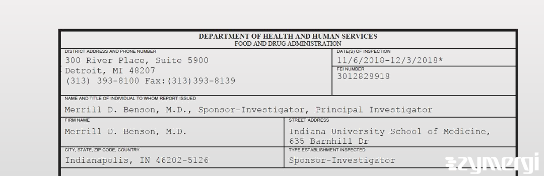 FDANews 483 Merrill D. Benson, M.D. Dec 3 2018 top