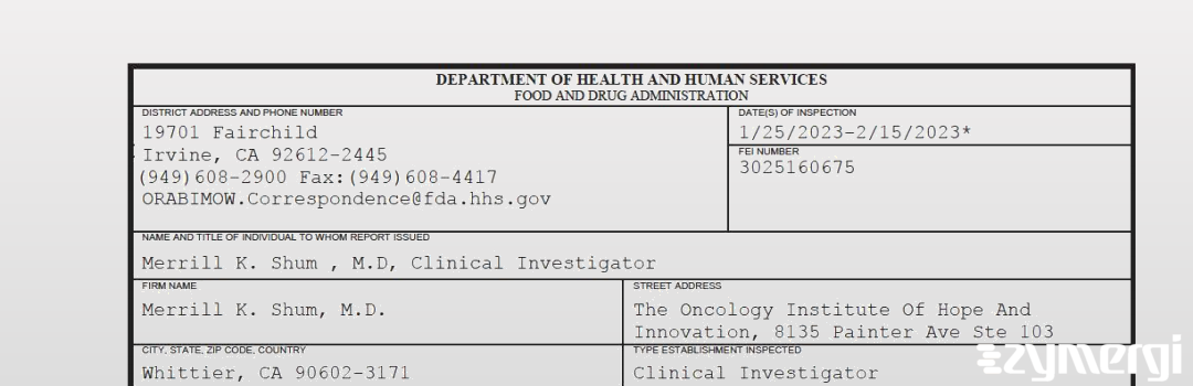 FDANews 483 Merrill K. Shum, M.D. Feb 15 2023 top