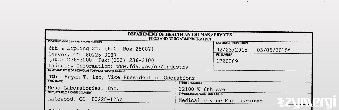 FDANews 483 Mesa Laboratories, Inc. Mar 5 2015 top