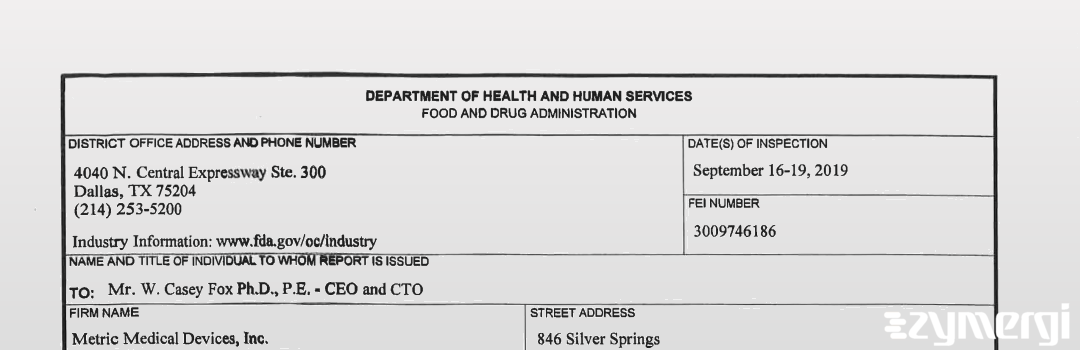 FDANews 483 Metric Medical Devices Inc Sep 19 2019 top