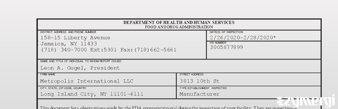 FDANews 483 Metropolis International LLC Feb 28 2020 top