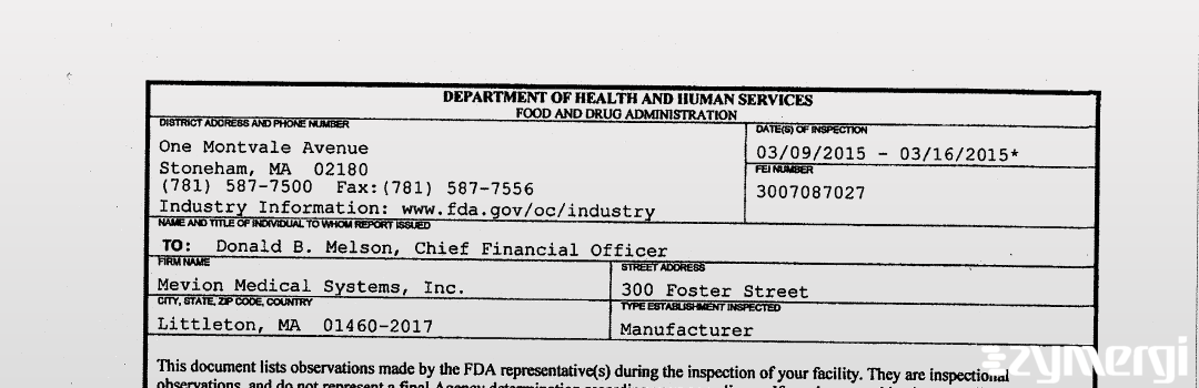 FDANews 483 Mevion Medical Systems, Inc. Mar 16 2015 top